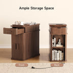Fluted Narrow Side Table with Drawers, Mid Century Modern End Table with Charging Station, Small Couch Table for Living Room, Skinny Bedside Table Nightstand for Small Space Bedroom Walnut