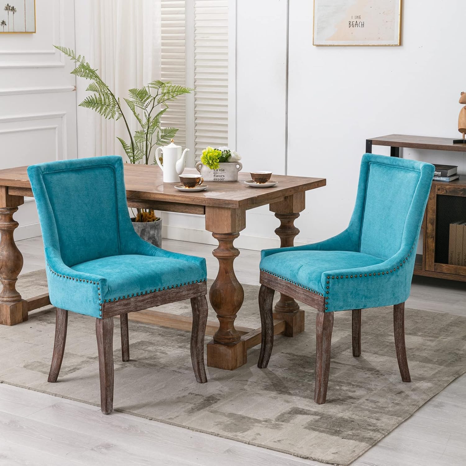 Ball & Cast Mid-Century Upholstered Dining Chairs Set of 2, Thickened Fabric Wingback Kitchen Chairs with Bronze Nail Head & Toned Solid Wood Legs, Blue
