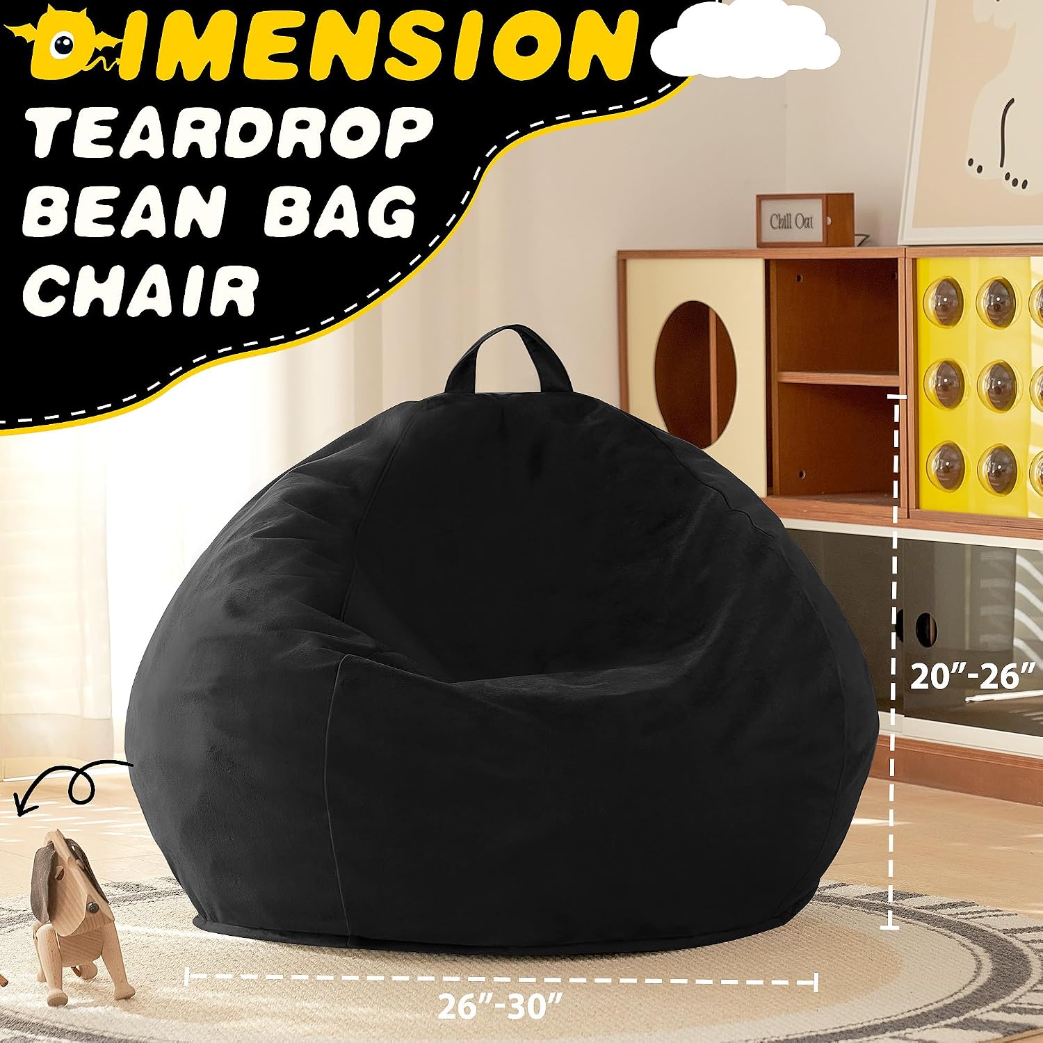 HABUTWAY 2FT Bean Bag Chair, 2' Beanbags Small Bean Bag Chairs with Filling, Teardrop Bean Bag Chair Luxurious Velvet Ultra Soft Fur with Removable Cover (Black)