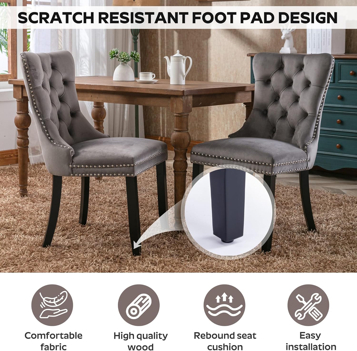 7-Piece Modern Dining Table Set, 63" Rectangular Black Faux Marble Dining Table with Curved Metal Legs and 6 Gray Velvet Upholstered Dining Chairs with Solid Wood Legs, Kitchen Furniture