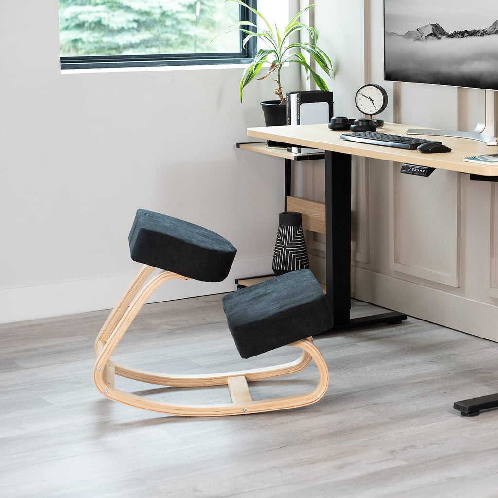 VIVO Wooden Rocking Kneeling Chair, Ergonomic Home Office Stool Posture Seat, Thick Black Cushions, Light Wood Frame, CHAIR-K04R