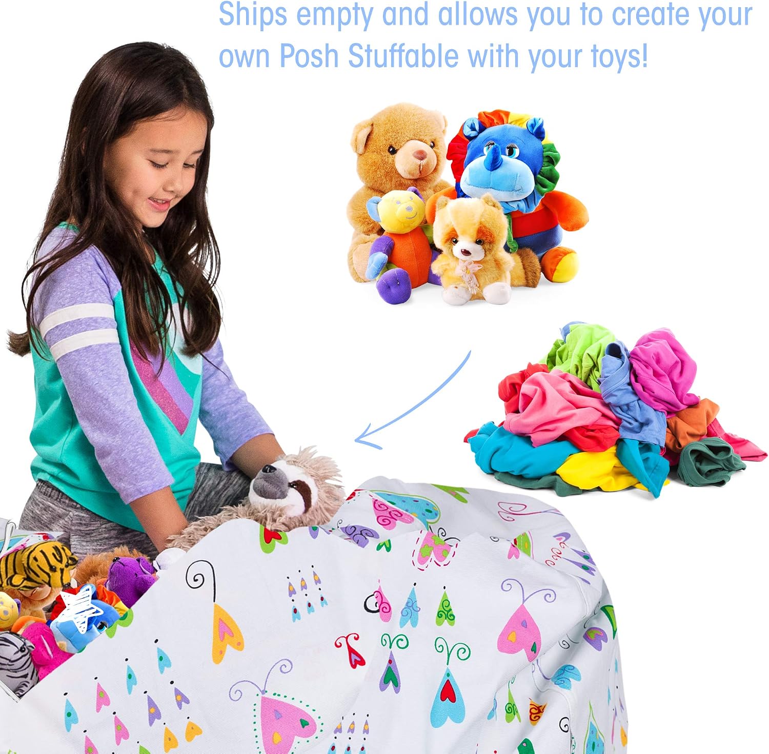 Posh Stuffable Kids Stuffed Animal Storage Bean Bag Chair Cover - Childrens Toy Organizer, X-Large-48 - Canvas Multi-Colored Hearts on White