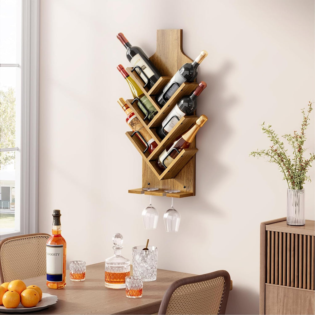 FAVOOSTY Wine Rack Wall Mounted for 6 Wine Bottles, Wall Racks for Wine Bottles Display and Storage with Glass Holder, Wood Wine Rack for Living Room, Dining Room, Wine Cellar, Bar (Light Brown)