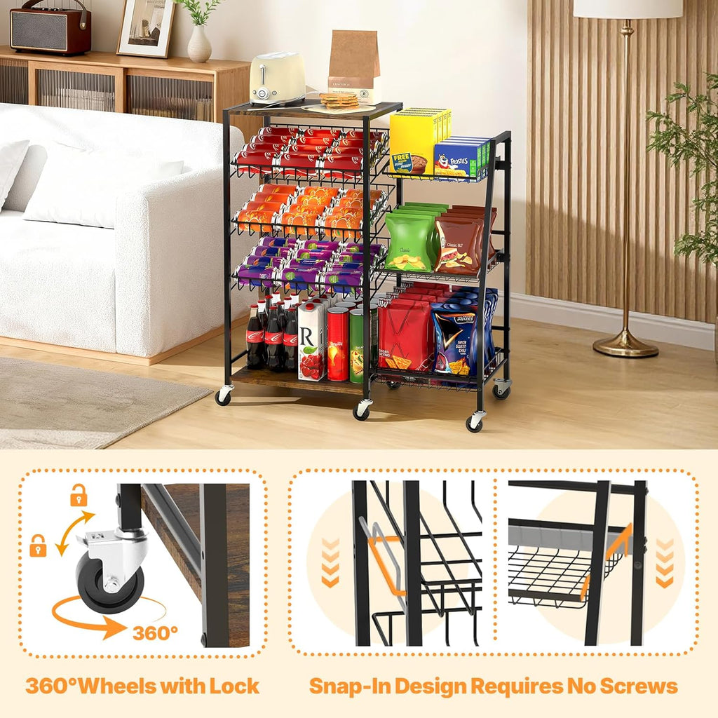 Pinzoveco 5-Tier Rolling Kitchen Storage Carts, Snack Cart with Wheels, Fruit Organizer（Fruit Basket Rolling Cart, Vegetable Holder for Kitchen, Holds Soda Drinks, Cans, Snacks, Onions, Potatoes