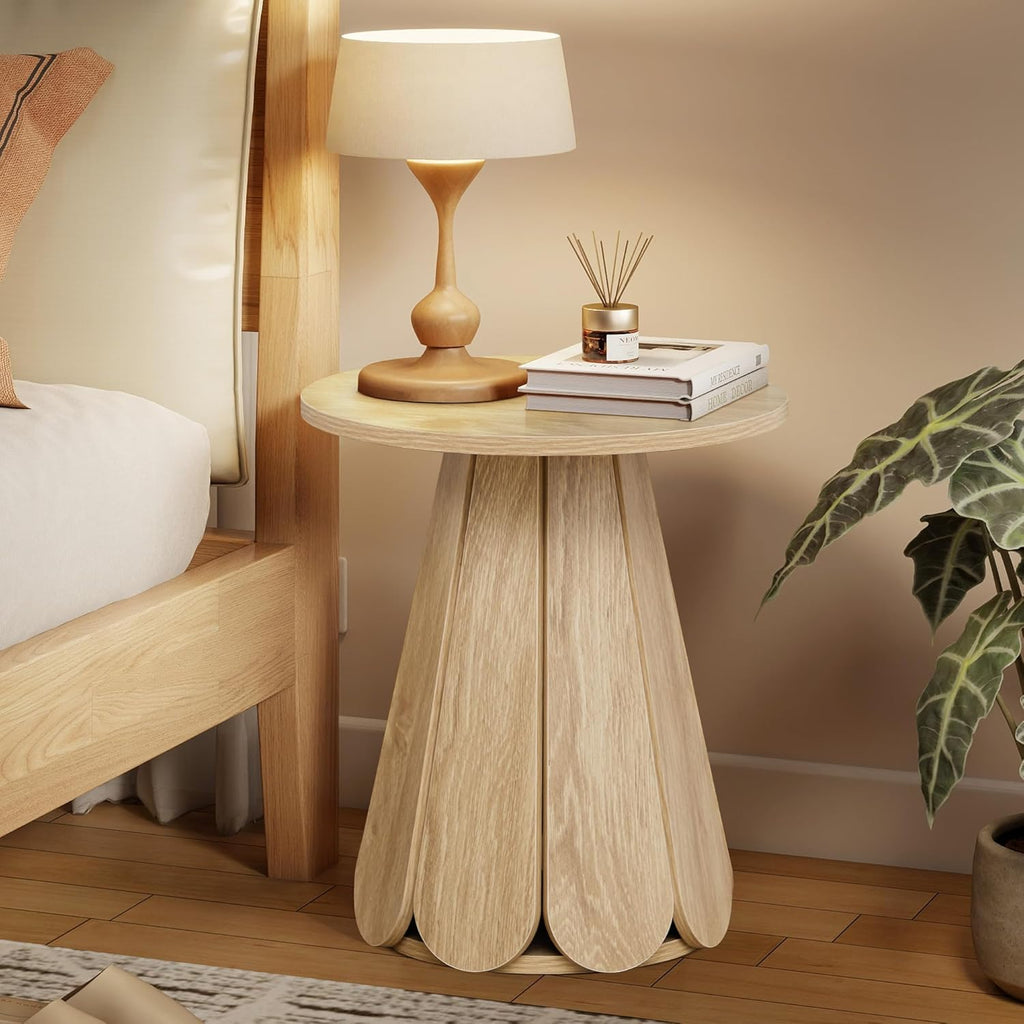 Small Round End Table Nightstand, Mid Century Modern Side Table with Petal Base, Wood Bedside Table for Bedroom, Living Room, Small Space Natural