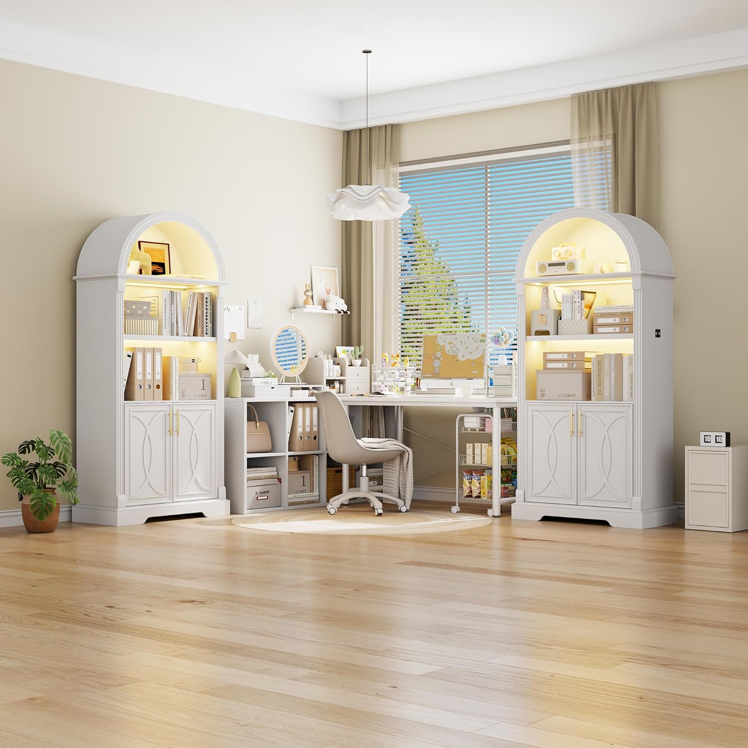 Vlsrka 71" Tall Arched Cabinet, Kitchen Pantry Cabinets, Arched Bookshelf/Bookcase,China Cabinet, Wood Kitchen Storage Cabinets with Open & Adjustable Shelves, Induction 3 Color Lights, White