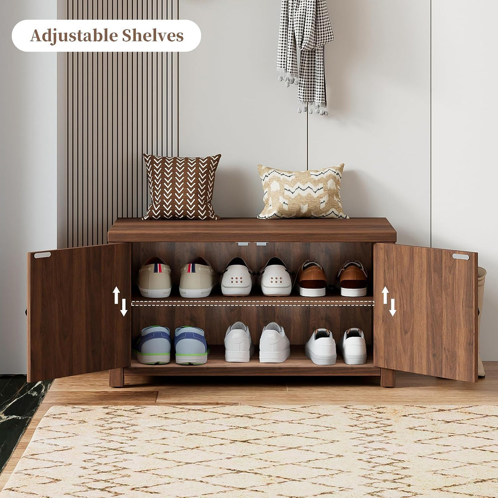 Fluted Storage Bench with Storage, Small Entryway Shoe Bench, Bedroom Storage Bench, Wood Shoe Organizer, Mid Century Modern Cabinet with 2 Doors, Adjustable Shelf, Hallway, Living Room, Walnut