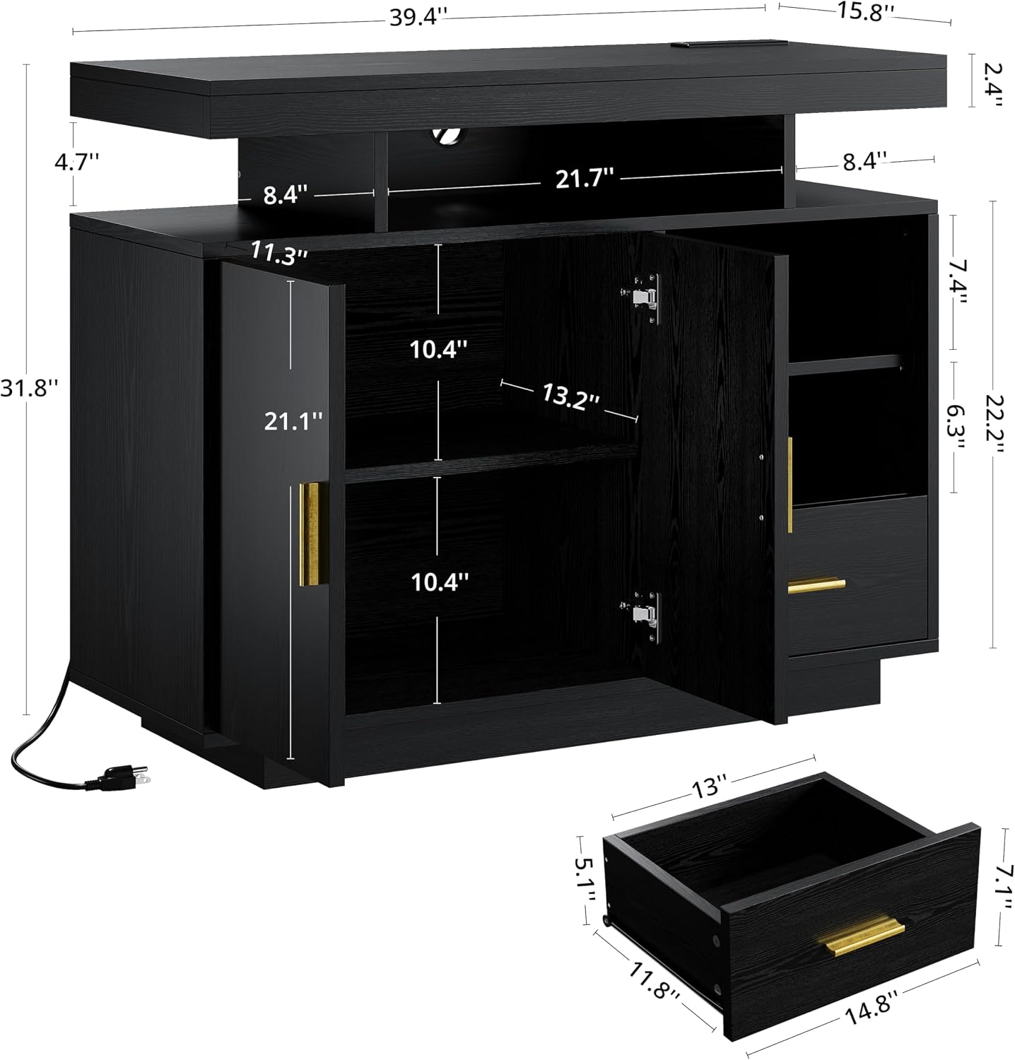 IRONCK Buffet Cabinet, Sideboard Cabinet with Power Outlet and LED Light, Modern Storage Cabinet with Drawer and Shelves, Black
