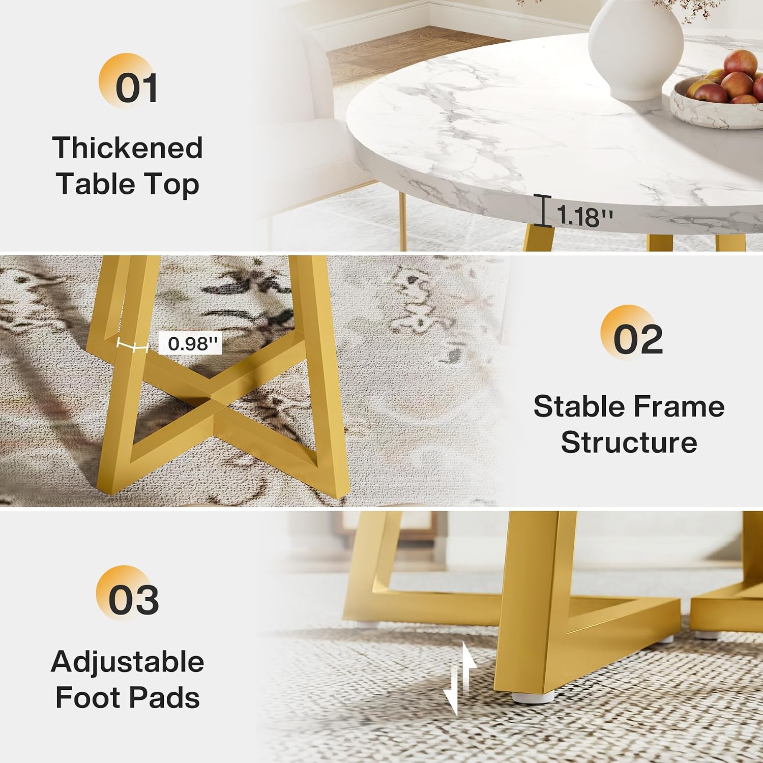 Tribesigns Round Dining Table for 2, 31.5" Modern Kitchen Table with Metal Base, Small Table for Dining Room, Small Space, Apartment, Office, Restaurant, White & Gold