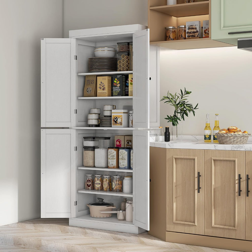 72" Tall Kitchen Pantry Storage Cabinet, 4-Door Freestanding Buffet with 2 Adjustable Shelves, Utility Cupboard Large Sideboard for Kitchen, Dining Room, White