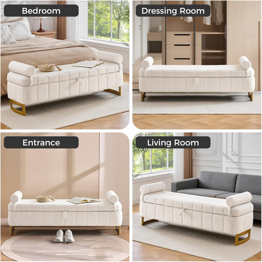 End of Bed Bench with Storage, 63" Storage Bench for Bedroom King Size Bed, Storage Ottoman Bench with Golden Metal Legs, Bedroom Benches for Entryway Hallway, Teddy Cream White