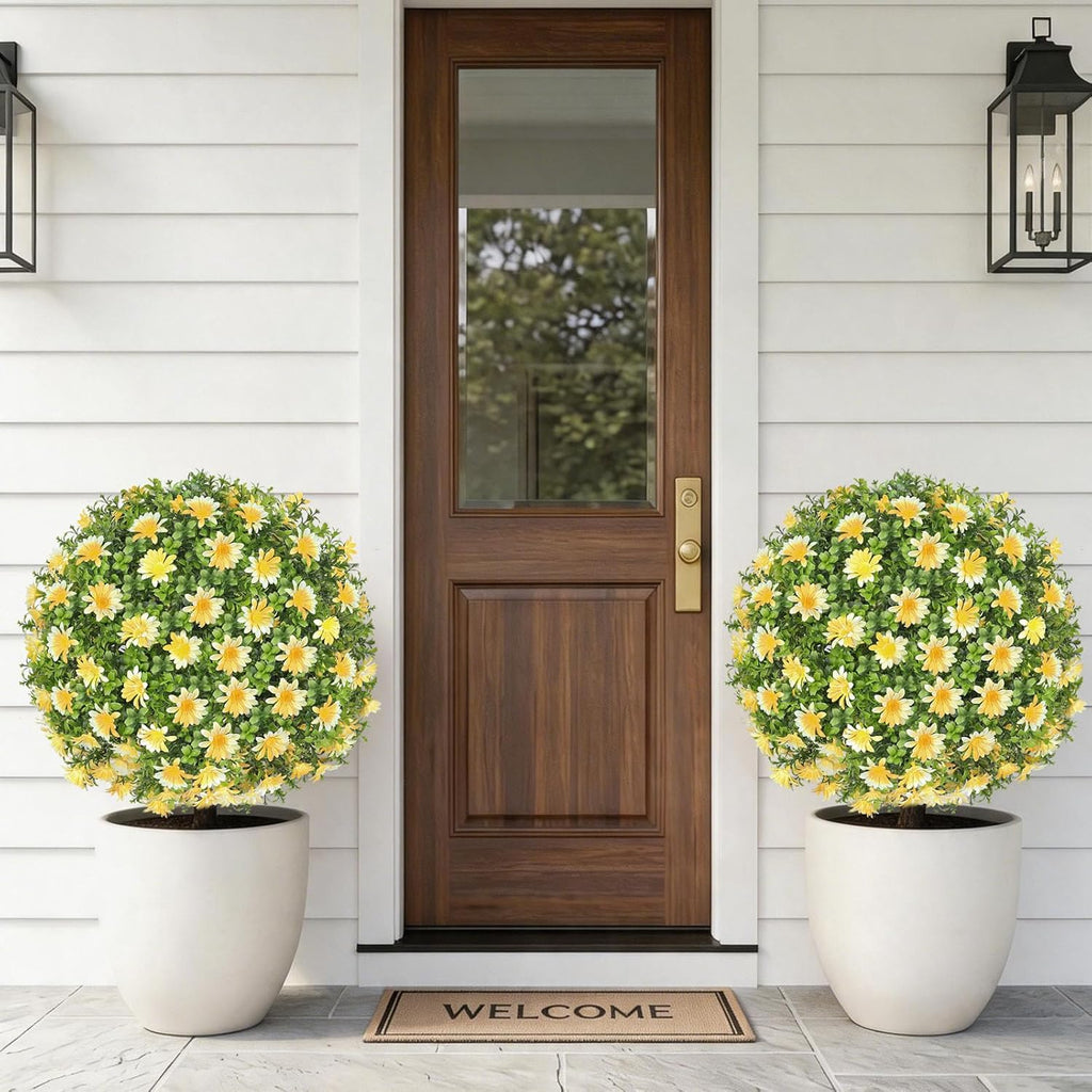26" Artificial Yellow Boxwood Topiary Ball Tree with Ground Spike, Set of 2 Fake Fall Boxwood Bushes Shrubs Outdoor, UV Resistant Faux Greenery Trees Ball for Outdoor Front Porch Garden Decor