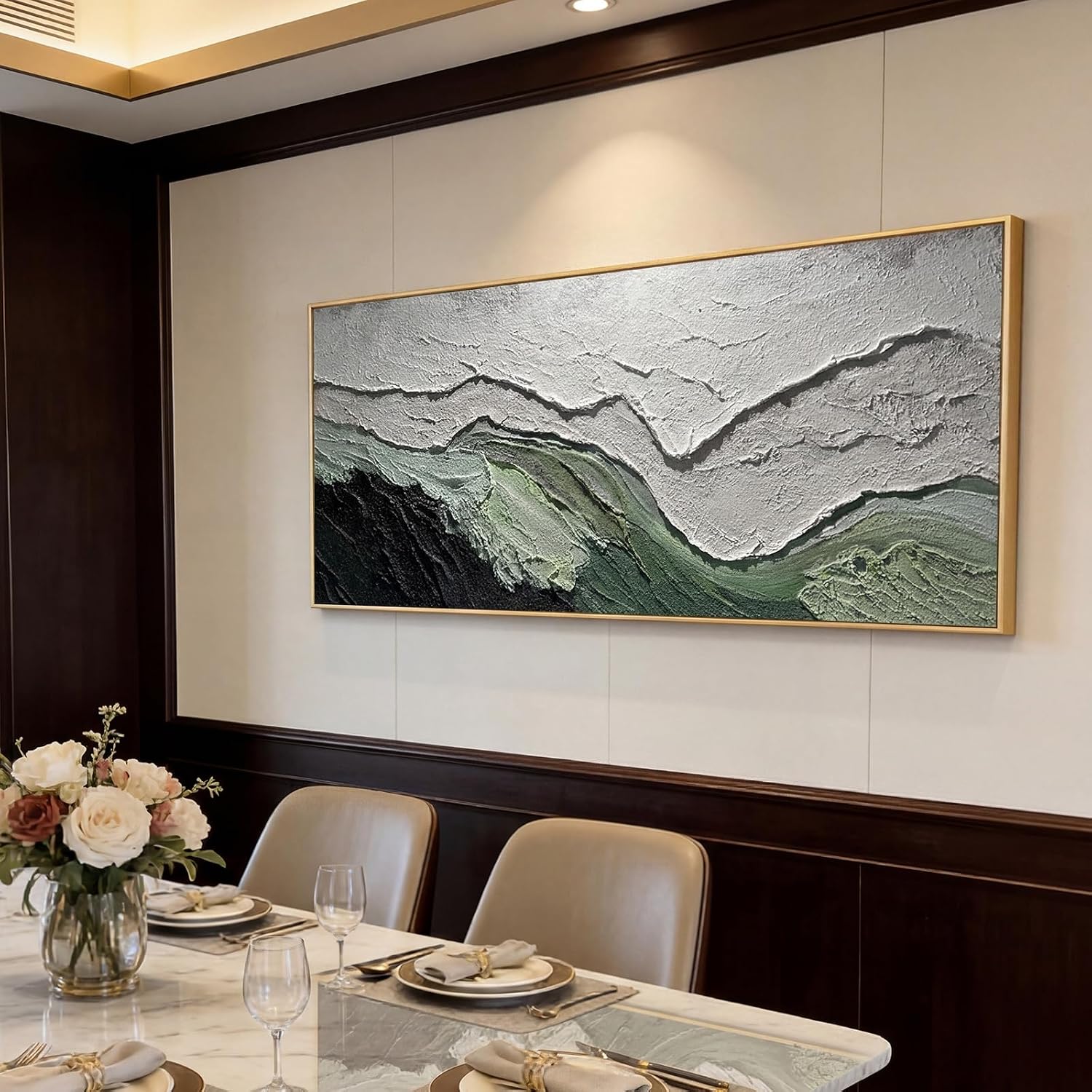 Sintuff 28 x 55 Inch 3D Textured Large Framed Art Prints, Abstract Hand-painted Sage Green Beige Beach Ocean Waves Oil Painting, Minimalist Artwork Wall Decor for Living Room Bedroom