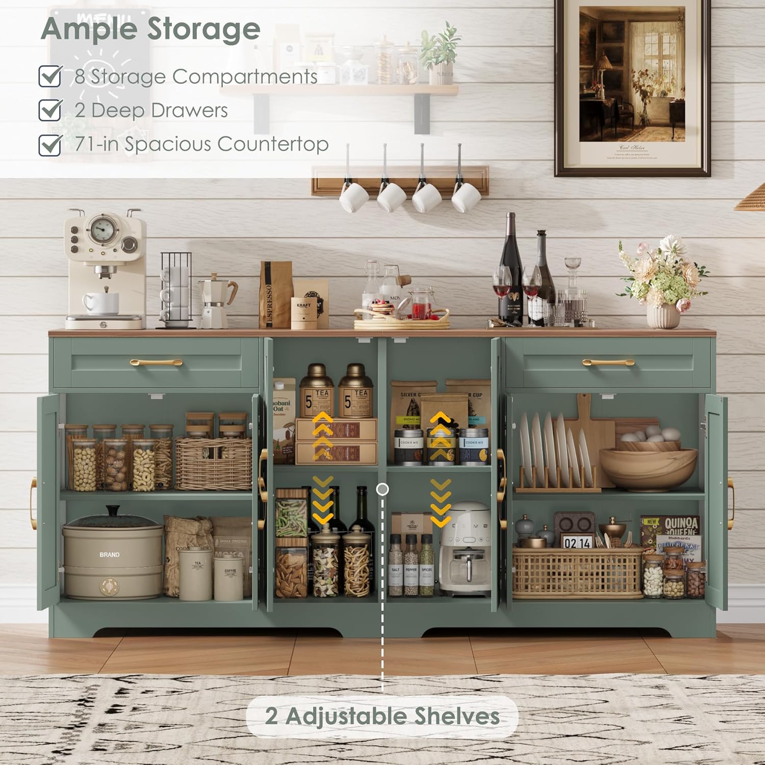 BOTLOG 71” Large Sideboard Buffet Cabinet with Storage, Farmhouse Kitchen Buffet Cabinet with Adjustable Shelves and 6 Barn Doors, Wood Coffee Wine Bar Console Table for Kitchen, Dining Room, Green