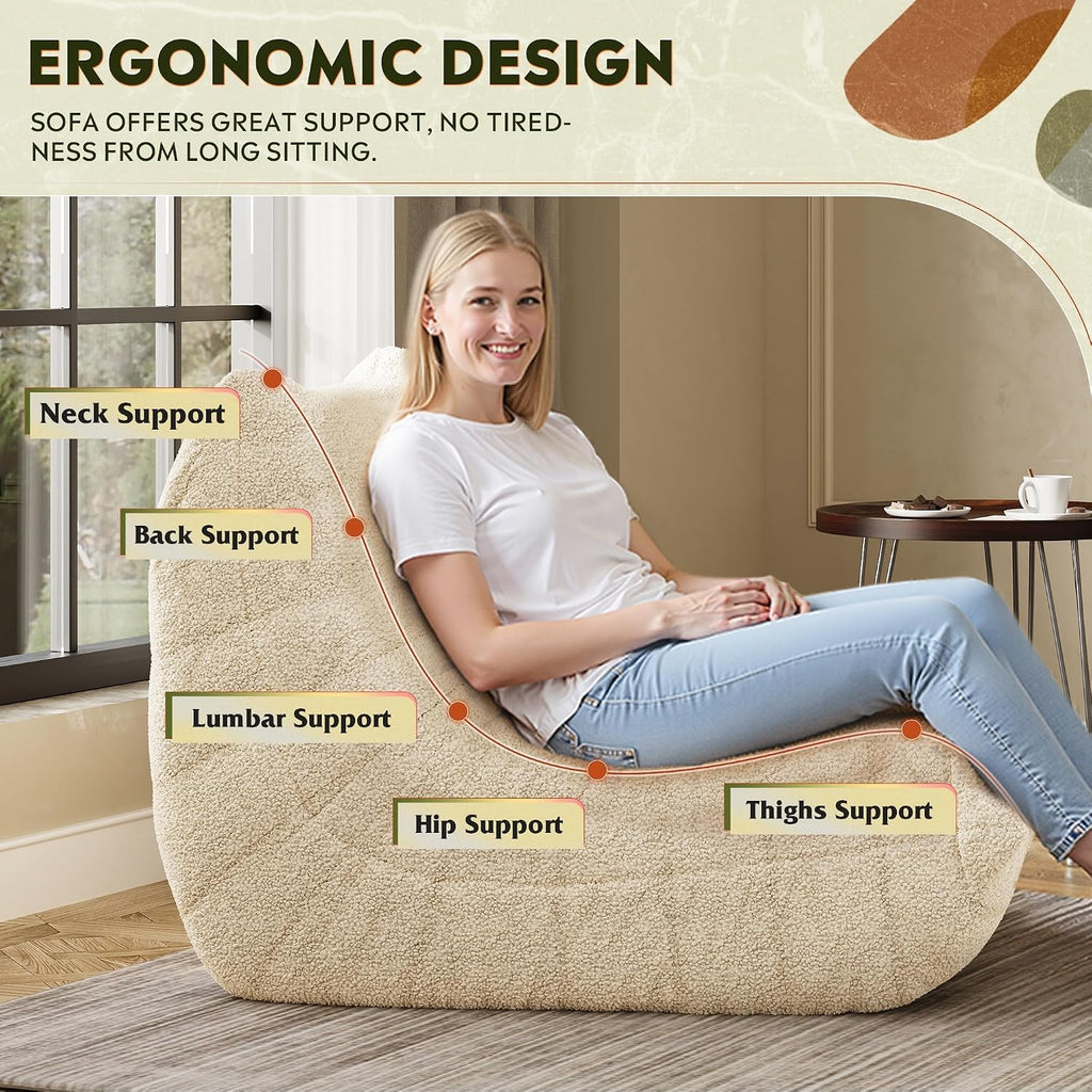 WLIVE Bean Bag Chair for Adults, Teddy Fleece Togo Chair, Giant, Memory Foam, for Living Room and Bedroom, Single, Beige