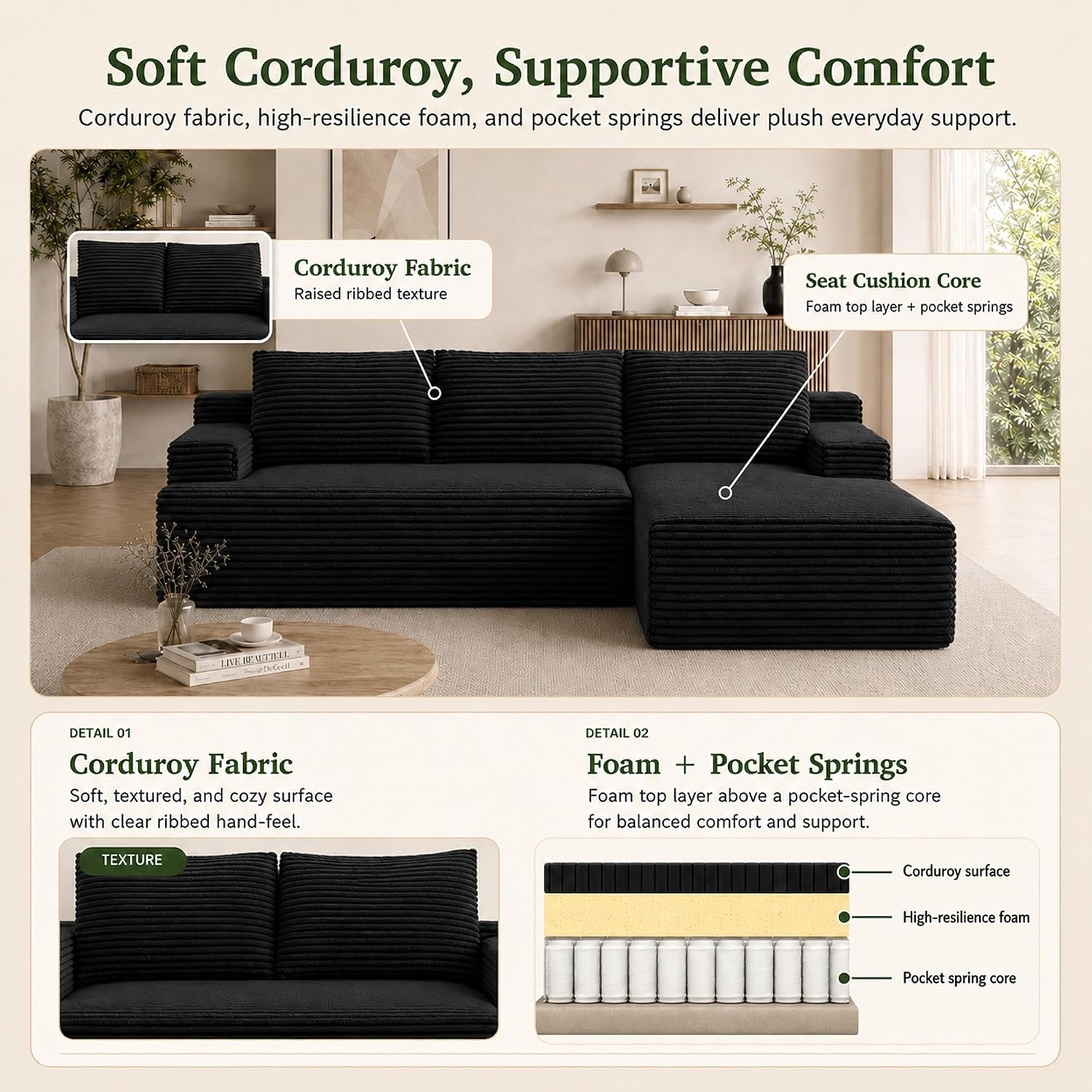 Boneless Couch Comfy Sectional Couches for Living Room,U Shaped Modular Cloud Couch Sofa, Minimalist Modular Sectional Sofa with Deep Seat (Black, 96" L Shaped with Right Facing Chaise)