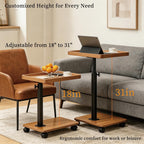 Adjustable Height Side Table with Wheels, 360° Swivel End Table for Small Spaces, 16x12 Inch Waterproof TV Tray for Living Room, Bedroom, Couch, Bedside（Light Walnut）