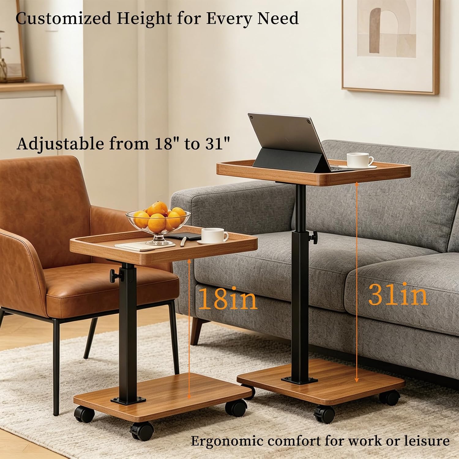 Adjustable Height Side Table with Wheels, 360° Swivel End Table for Small Spaces, 16x12 Inch Waterproof TV Tray for Living Room, Bedroom, Couch, Bedside（Light Walnut）