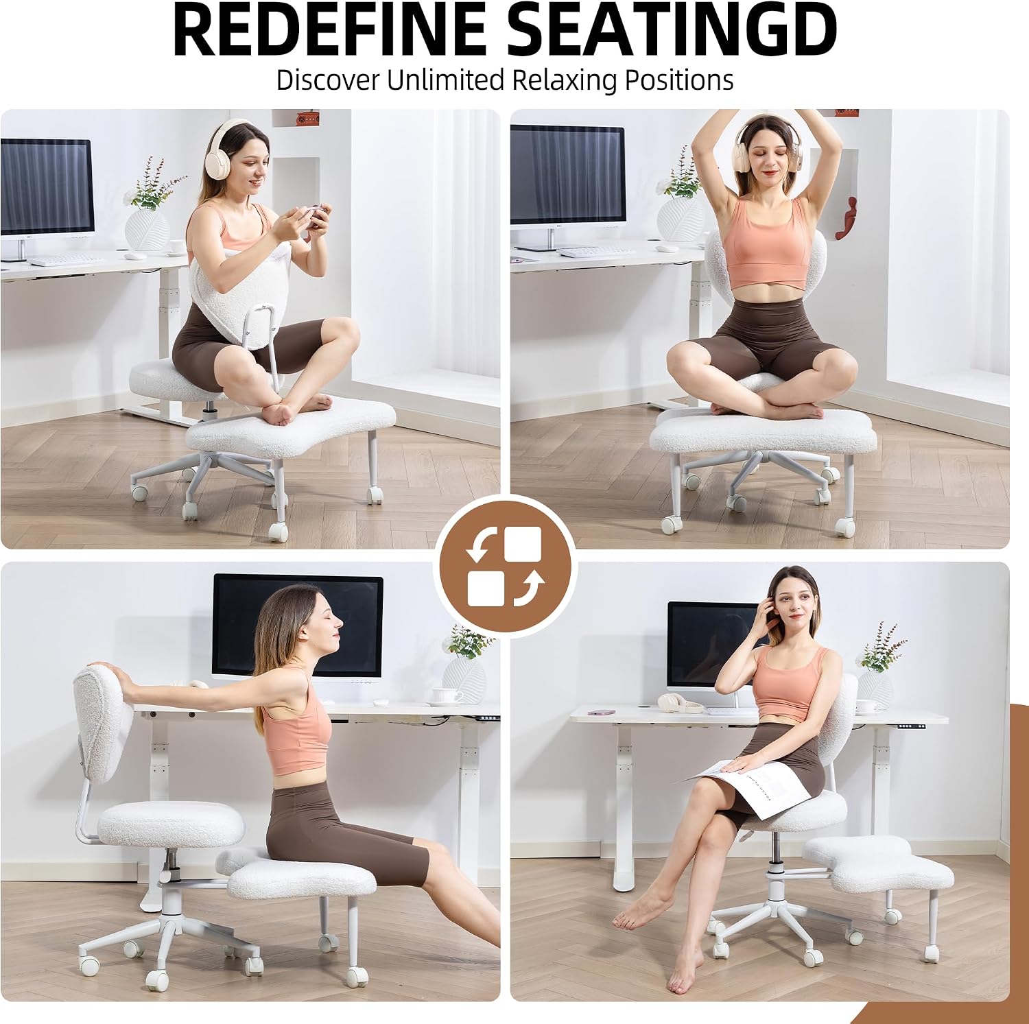 Teddy Cross Legged Office Chair with Wheels, Ivory 360° Rotation Meditation Criss Chair, Height Adjustable Backrest and Wider Seat, Yoga Office ADHD Chair for Adults (Beige)