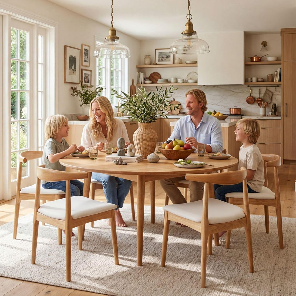 HNY Wooden Dining Chairs Set of 6, Mid Century Modern Dining Room Chairs with Natural Wood Legs & Open Curved Back, Upholstered Beige Linen Armless Kitchen Chair for Dining Room Restaurant