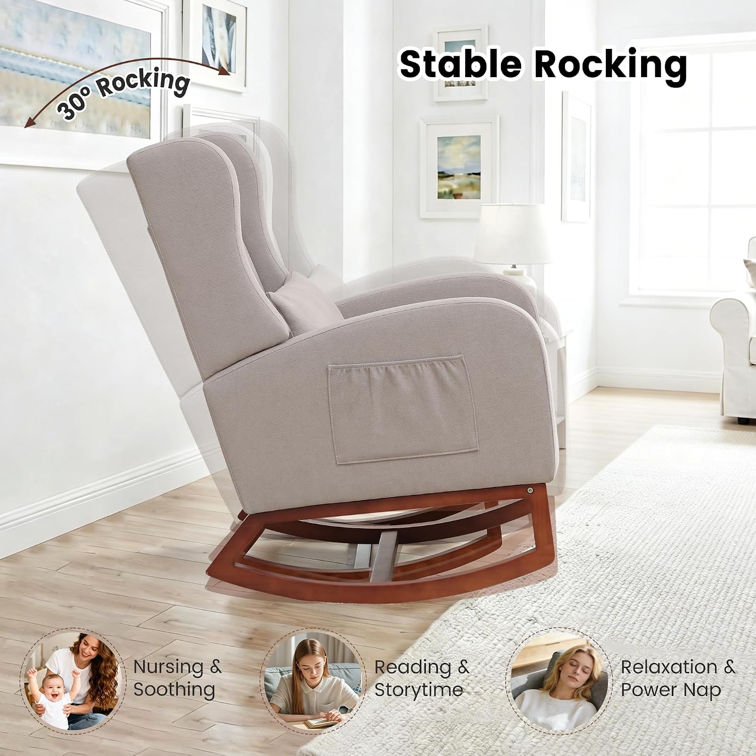 Nursery Rocking Chair，Rocking Chair with Foot Rest,Nursery Rocker Comfy Glider Nursing Chair with Back Pillow for Living Room,Bedroom,Linen Light Grey