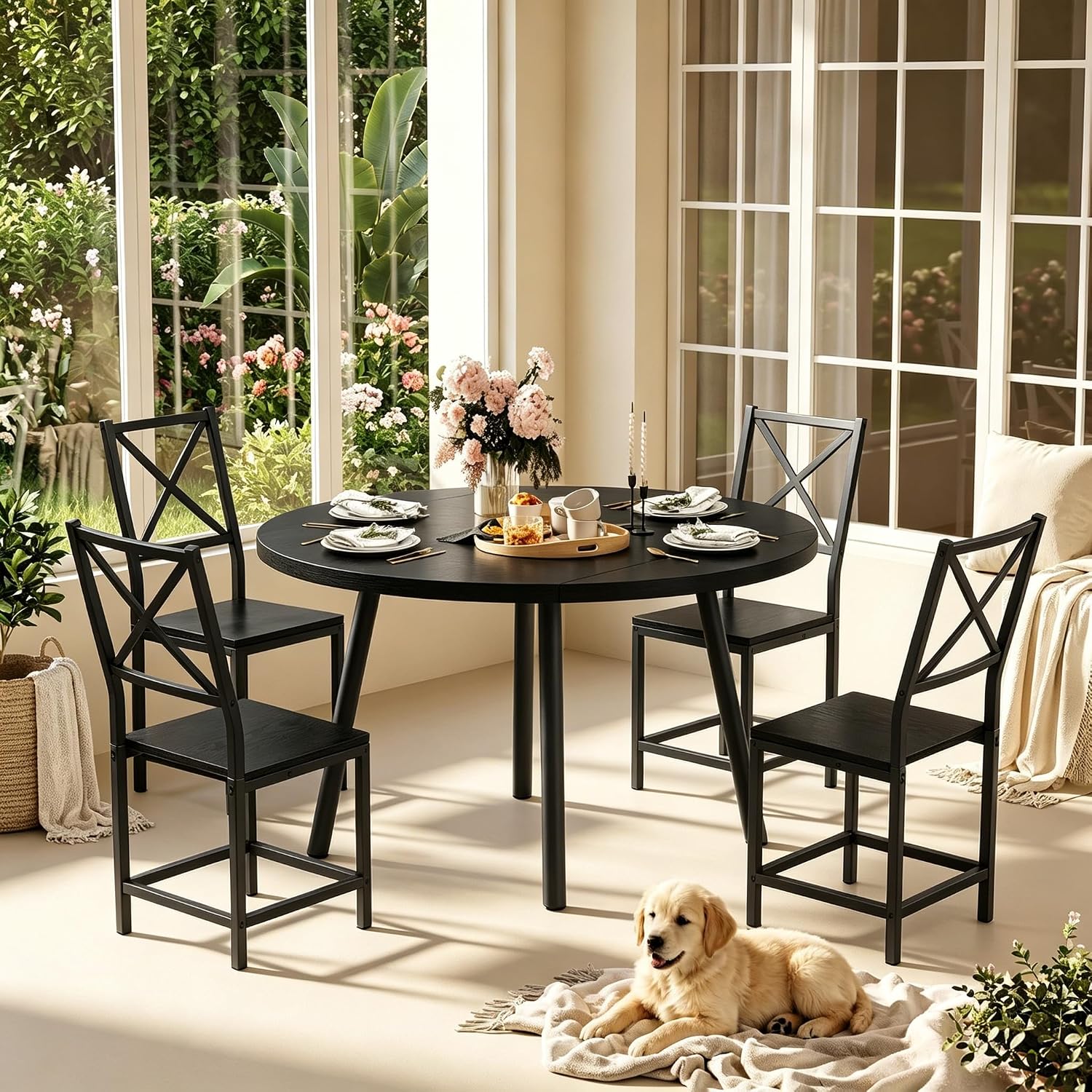 IRONCK Round Dining Table Set for 4, Extendable Kitchen Table with 4 Chairs, 44.5" Drop Leaf Desk, Folding for Small Space, Apartment, Black