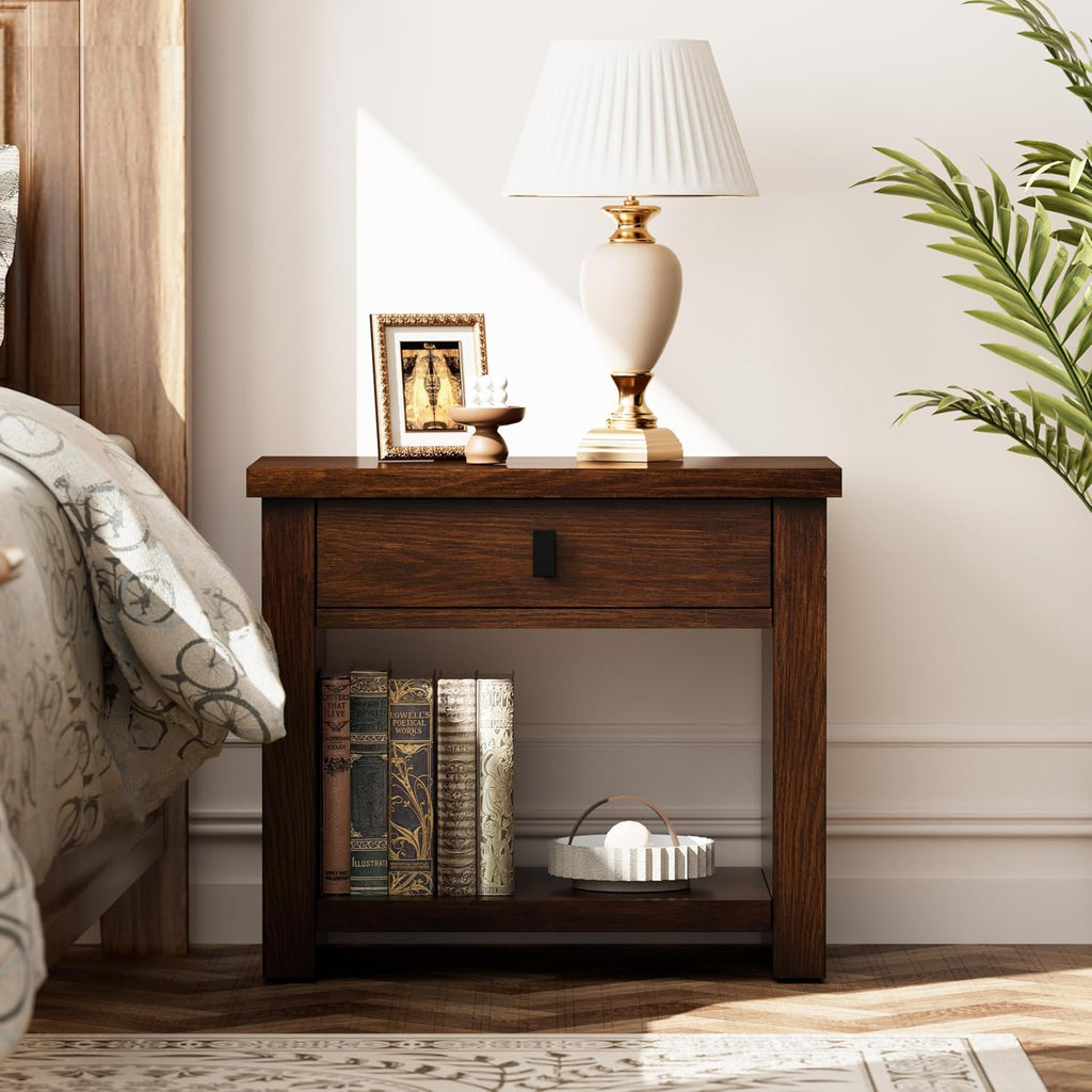 COZAYH Fully Assembled Nightstand, Pine Wood Bedside Table with Drawer & Storage Shelf, Modern Wooden End Table for Small Spaces Bedroom Living Room, Natural Wood