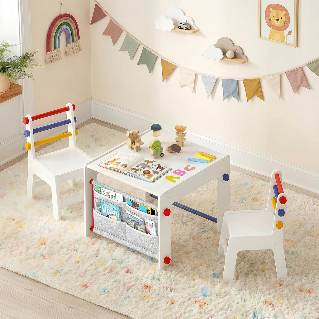 DOREROOM Wooden Kids Table and Chairs Set – 4-in-1 Activity Table with Removable Storage & Washable Graffiti Desktop for Drawing/Crafts/Arts/Reading, Toddler Desk for Home, Playroom, Ages 3+, White