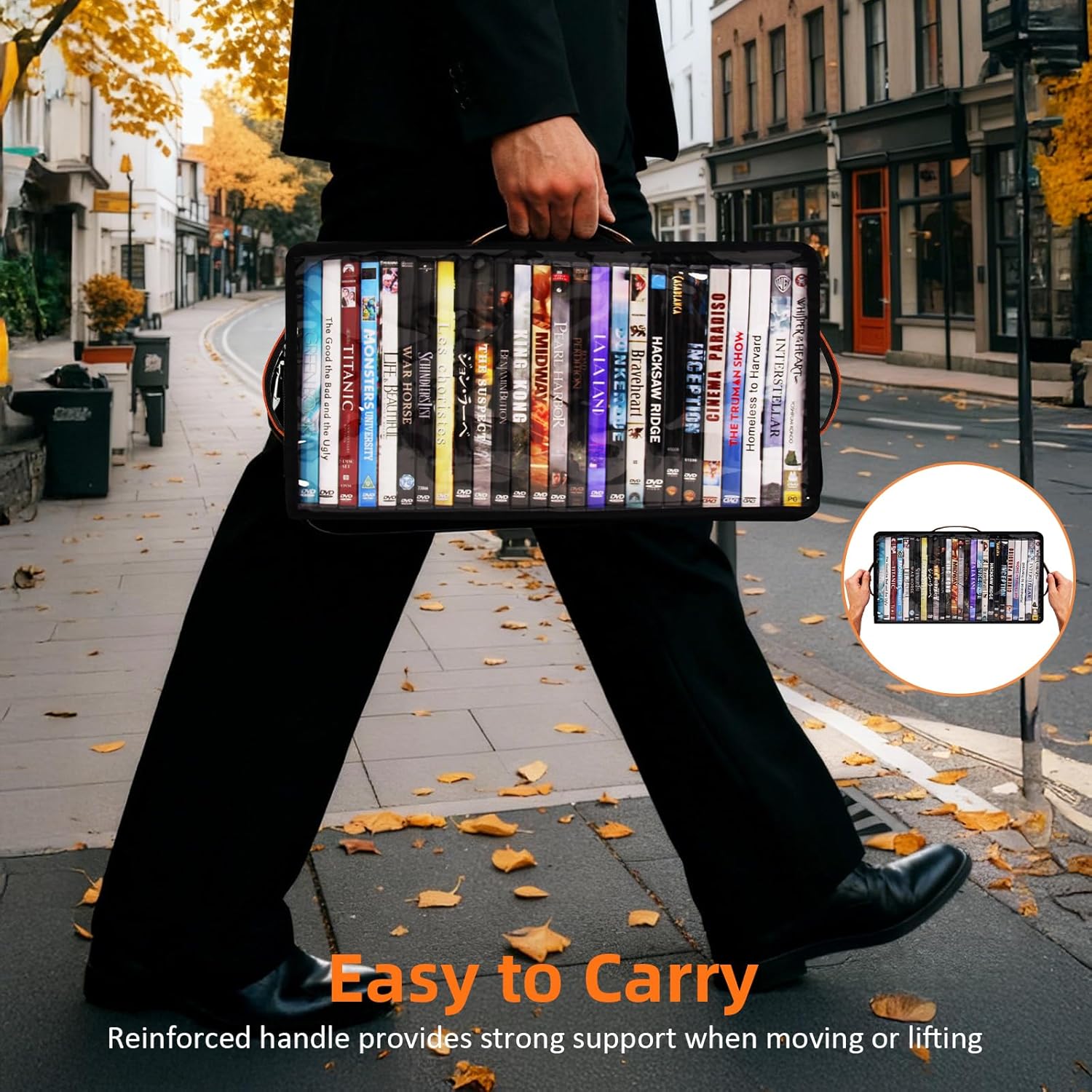 2 Pack DVD Storage Box, Stackable Oxford Fabric DVD Cases Holder with Front Zippered Clear Window and Handles, 15.7 x 7.9 x 6.1 In, Foldable DVD Organizer Rack, Holds Up to 50 DVDs (25 Each)