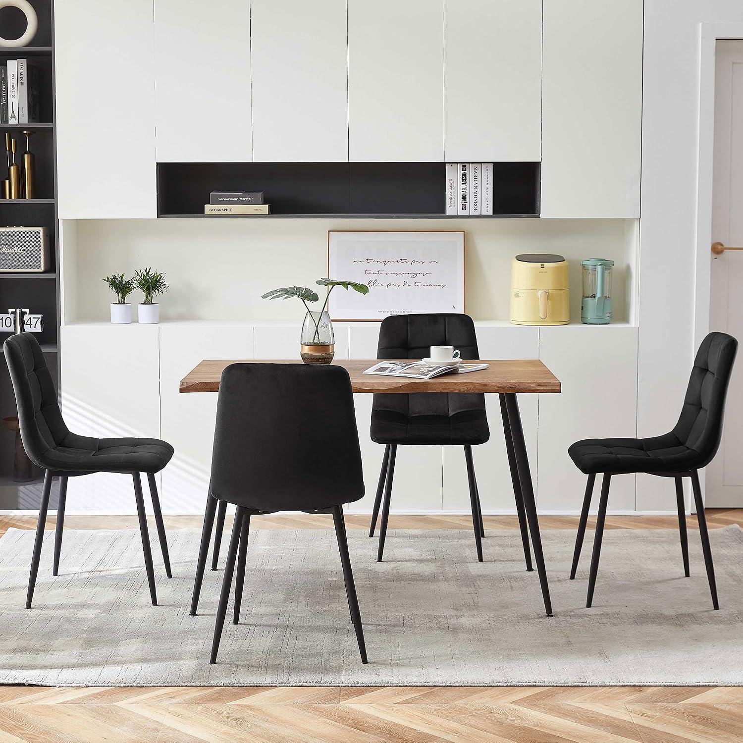Rectangular Dining Table Set with Upholstered Chairs - Modern Kitchen Table and Chairs Set of 4 for Small Spaces - Black