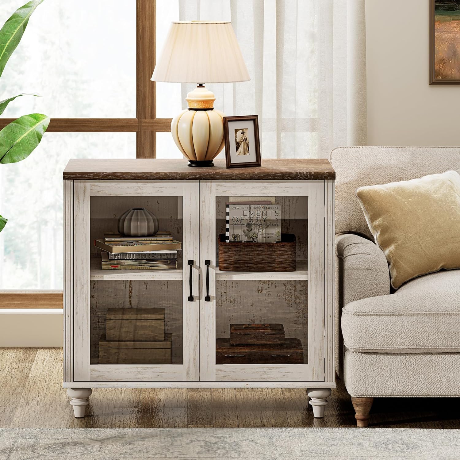 WAMAPT Kitchen Storage Cabinets, Farmhouse Sideboard Buffet Cabinets with Glass Door, Wood Coffee Bar Tables with Adjustable Shelf for Dining Room, Living Room, Rustic White