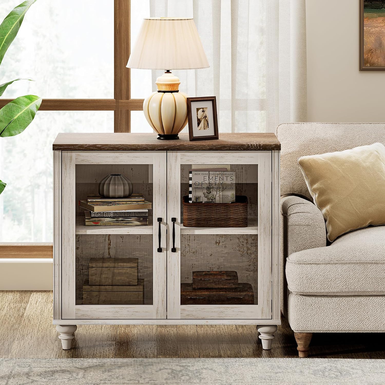 WAMPAT Farmhouse End Table with Ample Storage, Large Mid Century Modern Wood Bedside Table Night Stand, Wide Sofa Side End Table with Glass Doors, Cabinet for Living Room, Bedroom, Rustic White