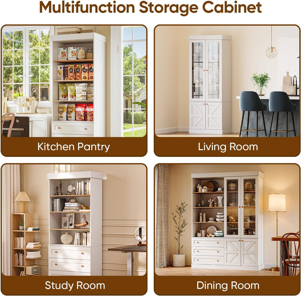 71" Tall Farmhouse Kitchen Pantry, Rustic Large Storage Cabinet with Glass Doors, Adjustable Shelves, Wood Versatile Hutch Cabinet for Dining Room, Living Room, White 3 Pcs