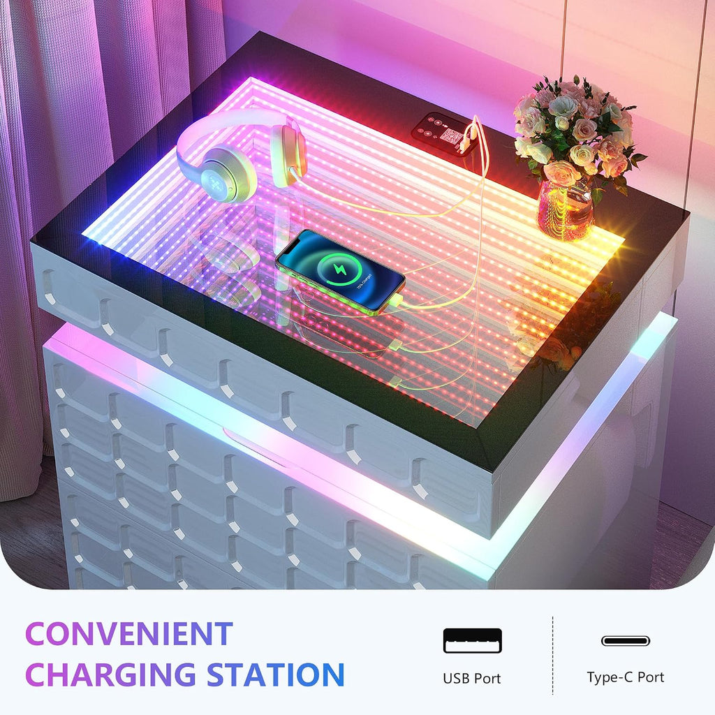 Vlsrka RGB Nightstand with Glass Top,Smart Night Stand with Charging, White | LED End Table with Lockable Compartment, Two Drawers, Human Body Sensor Light, Futuristic Side Table for Bedside Bedroom