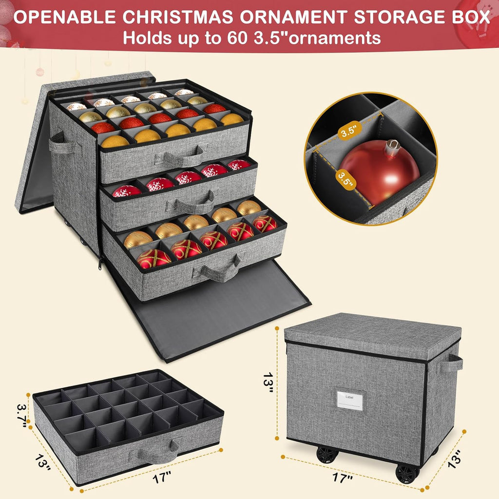 Lukeline Christmas Ornament Storage Box with Wheels, Stackable Christmas Ornament Organizer with 3 Drawer Trays, Openable Ornament Organizer for Storing Decorations, Portable Christmas Ball Box
