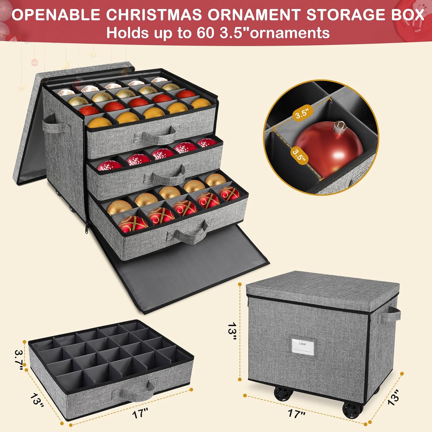 Lukeline Christmas Ornament Storage Box with Wheels, Stackable Christmas Ornament Organizer with 3 Drawer Trays, Openable Ornament Organizer for Storing Decorations, Portable Christmas Ball Box
