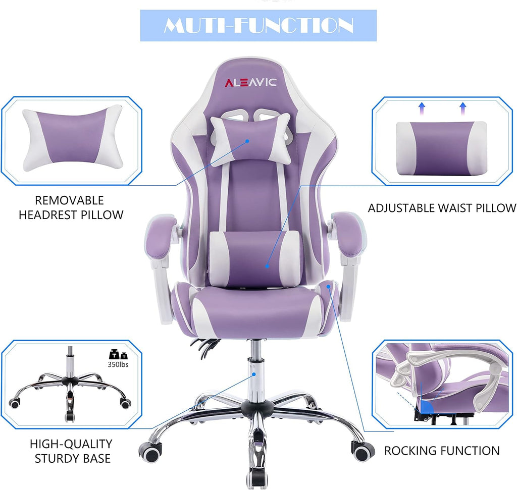 Gaming Chair with Massager, Fabric Gaming Chairs for Adults, Ergonomic Gamer Chair with Adjustable Headrest and Lumbar Support, Reclining Computer Game Chair, High Back, Purple