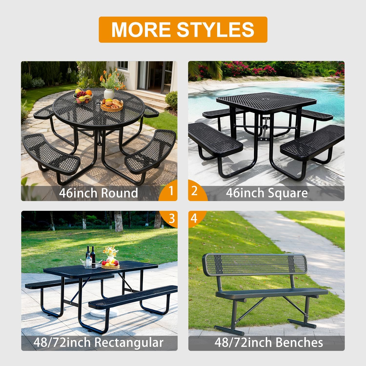 Outdoor Furniture Expanded Metal Bench, Heavy-Duty Park Steel Bench with Backrest, Weatherproof, Commercial-Grade, Thermoplastic Coating, Suitable for Garden, Patio, Outside (Black, 6ft)