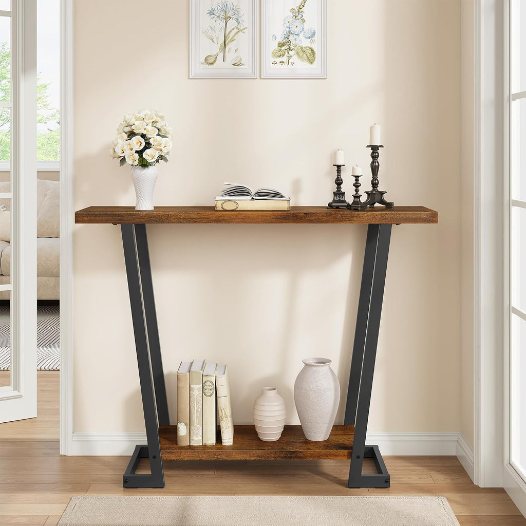 2 Tier Narrow Console Table, 31.5'' Entryway Table, Rustic Brown | Industrial Console Table with Storage, Thin Entryway Table for Foyer, Entrance, Hallway, Living Room, Corridor, Office
