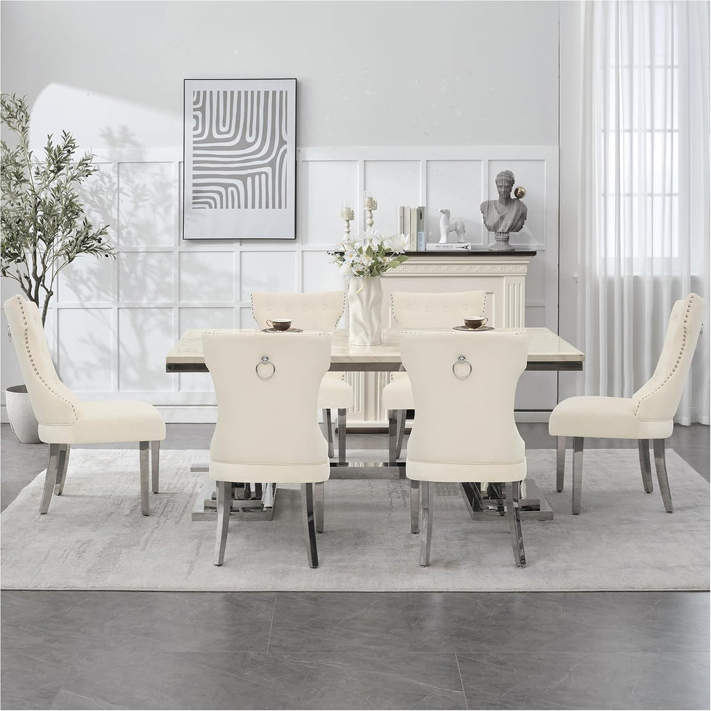 adochr Velvet Dining Chairs Set of 6, Upholstered Kitchen Chairs with Mteal Legs, Modern Button Tufted Back with Square Pull Ring Trim for Dining Room, Beige