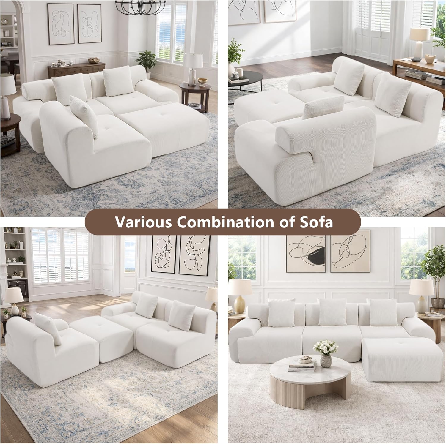 L-Shaped Boneless Modular Sectional Sofa, Boneless Sectional Couch, Oversized 3-Seater Cloud Couch with Deep Seat and Movable Ottoman for Living Room, Apartment (Beige, 3 Seater with 2 Ottoman)