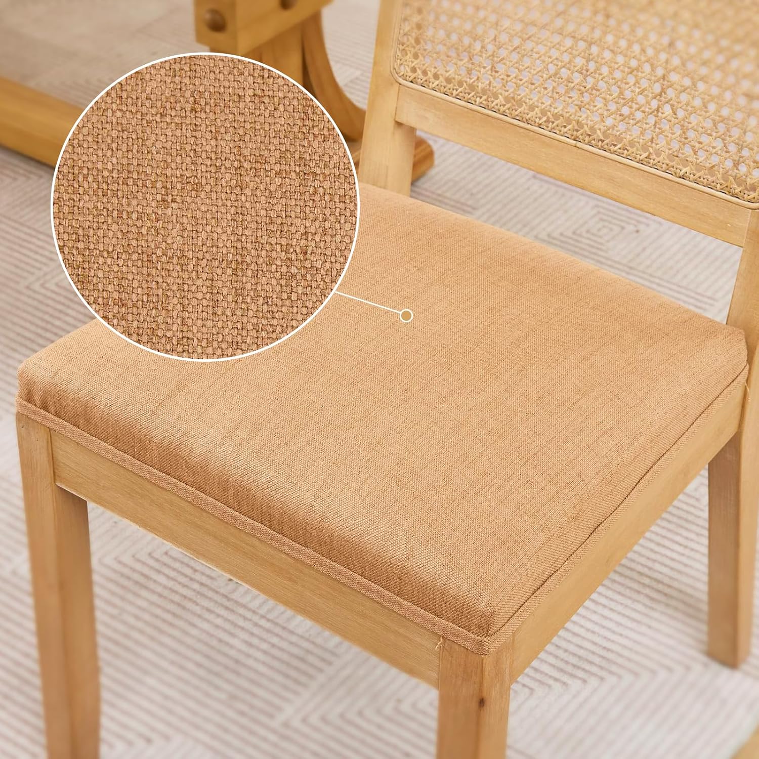 Rattan Dining Chairs Set of 4, French Country Cane Back Upholstered Kitchen Chairs, Solid Wood Farmhouse Side Chairs, Brown