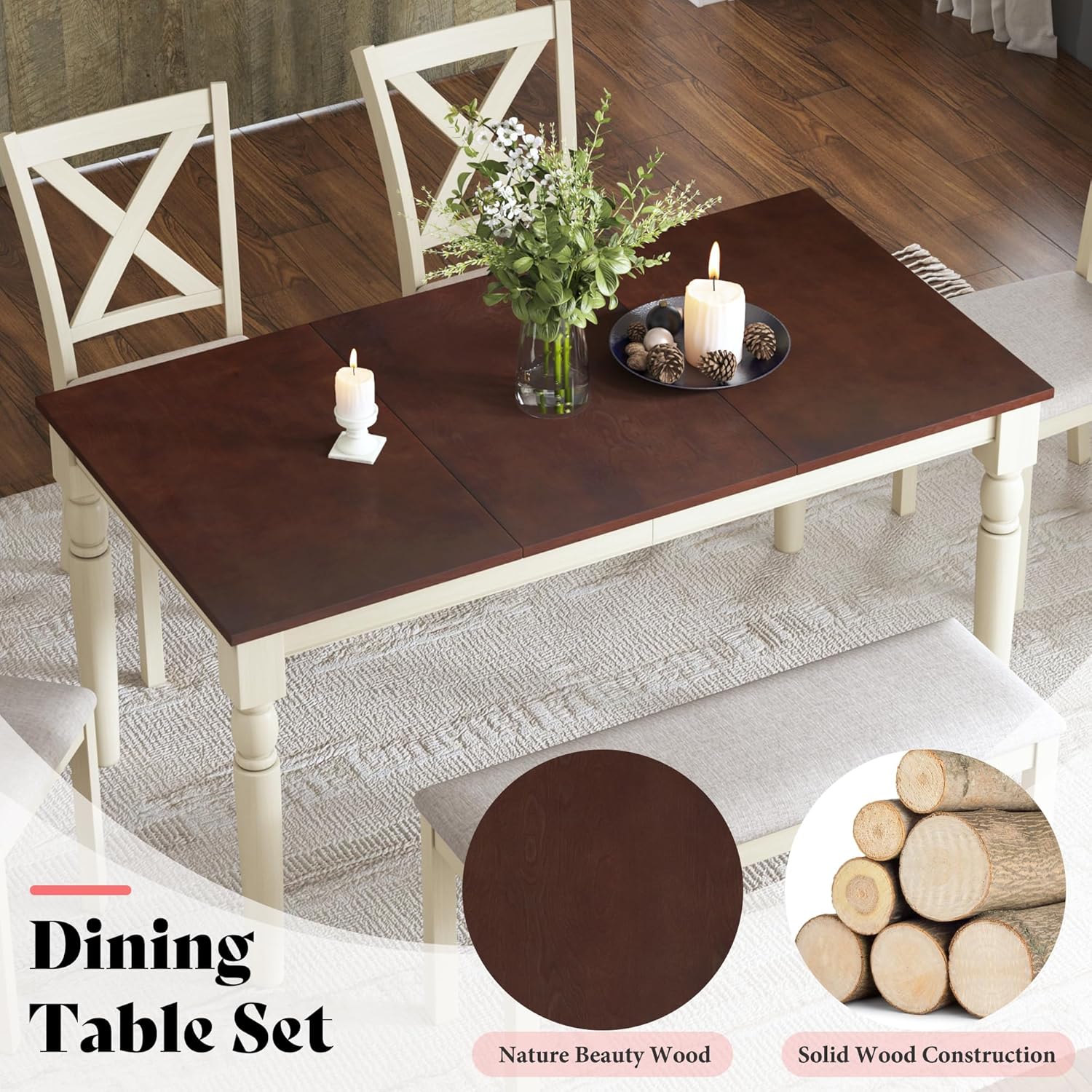 AMERLIFE 6-Piece Farmhouse Dining Table Set for 6-7, 60" Solid Wood Kitchen Table and Chairs, 1 Dining Table, 4 Upholstered Chairs and 1 Bench, Rustic Dining Room Set, Rustic White