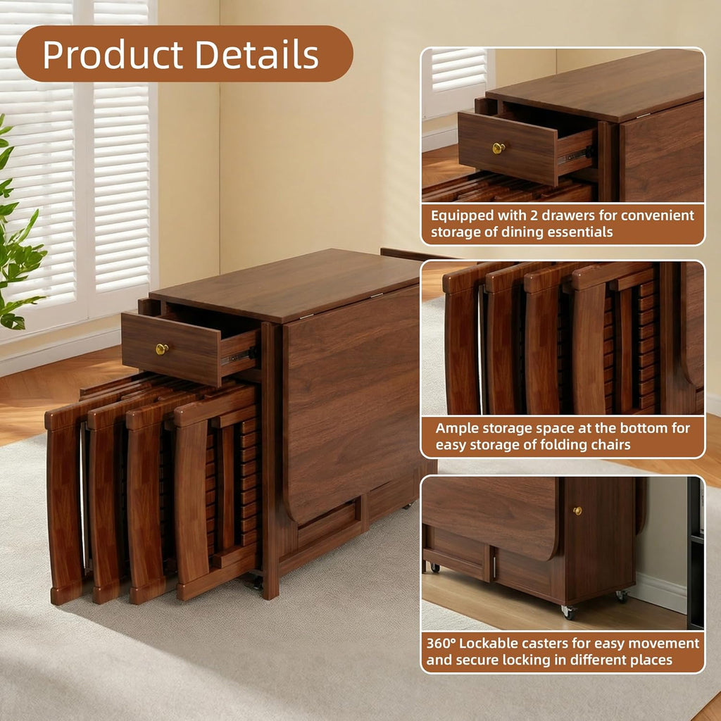 Drop Leaf Table and Chairs - 59" Fully Assembled Folding Dining Table 4-6 Seater with Storage and Lockable Wheels, Space-Saving Set with 4 Chairs for Kitchen or Dining Room (Walnut)