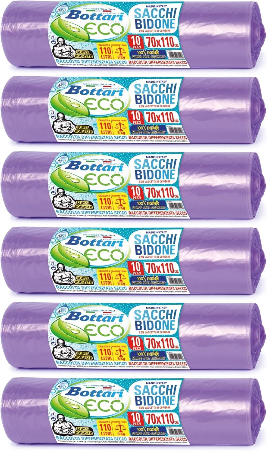 Bottari 60 Sacchi Immondizia 110L 70 x 110 cm with Laccetti di Chiusura, Viola, Raccolta Differenziata Secco, Sacchi per Spazzatura Resistenti e Riciclati, 6 Rotoli da 10 Pezzi