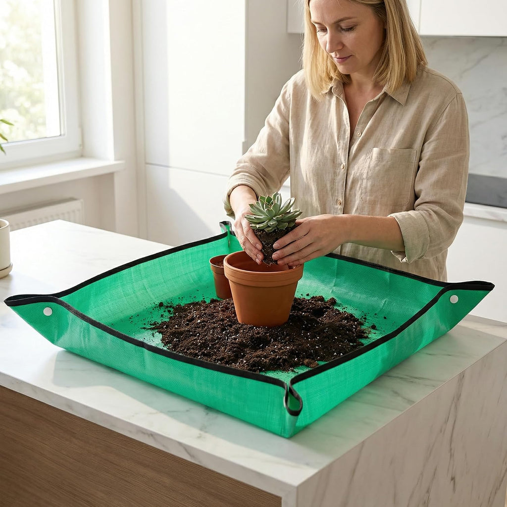Repotting Mat for Indoor Plant Transplanting, Waterproof Potting Mat for Succulents, Square Planting Tray for Soil Change, Mess Control Gardening Mat, 26” x 26”
