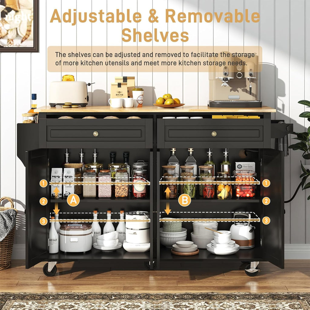 Hlivelood 59.1" Movable Kitchen Island with Drop Leaf and Power Outlet, Rolling Island Cart w/Storage Cabinet, Island Table on Wheels for Kitchen w/2 Drawers, Spice Rack, Towel Bar, Garage Hook, Black
