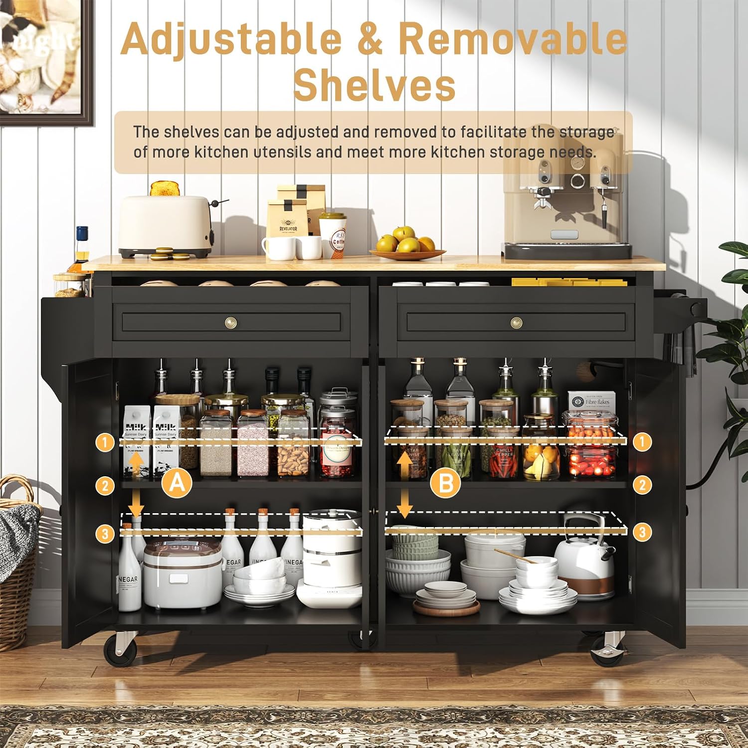 Hlivelood 59.1" Movable Kitchen Island with Drop Leaf and Power Outlet, Rolling Island Cart w/Storage Cabinet, Island Table on Wheels for Kitchen w/2 Drawers, Spice Rack, Towel Bar, Garage Hook, Black