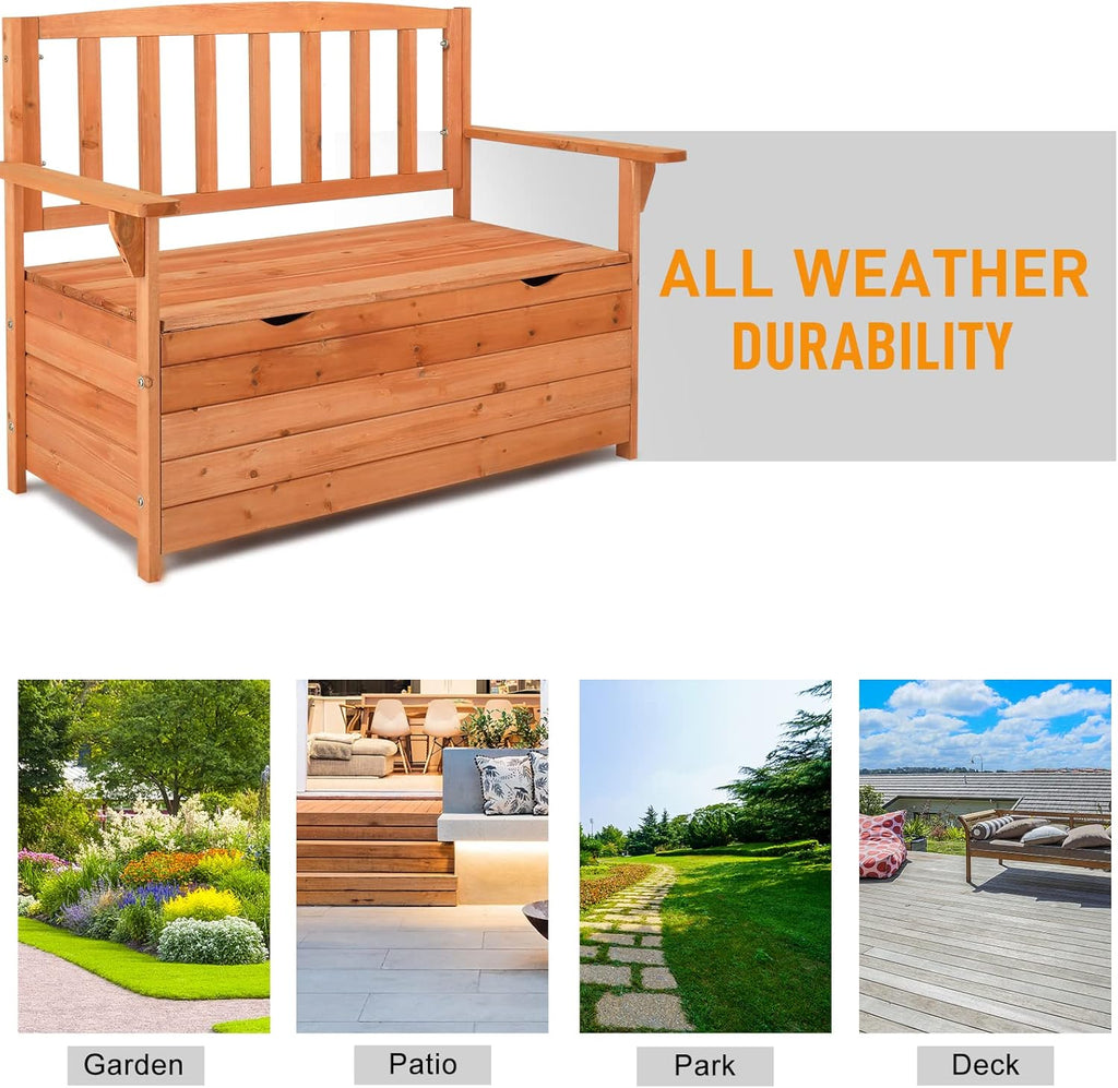 44Inch Yard Storage Bench with Backrest & Armrest, Outdoor Patio Seat Box, Outdoor Storage Bench Cedar Yard Box Patio Seating Garden Furniture,Garden Seating | Yard Storage Benchs - Bright Orange Red
