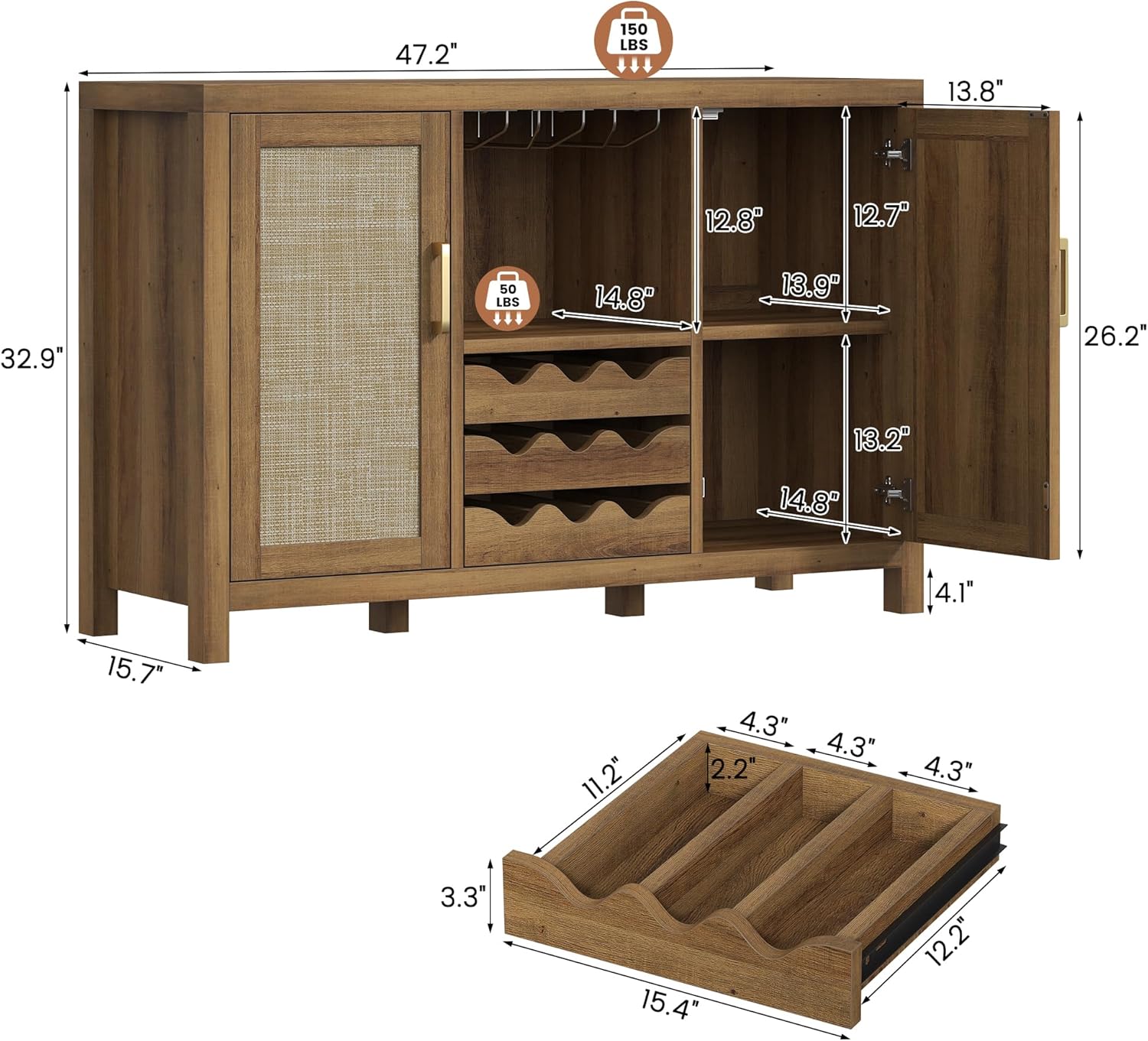 Rattan Wine Bar Cabinet, Boho Rattan Home Bar with Glass Holder and Drawer Style Racks, Oak Sideboard Buffet Storage Cabinet for Living Dining Room Kitchen (Caramel Oak)